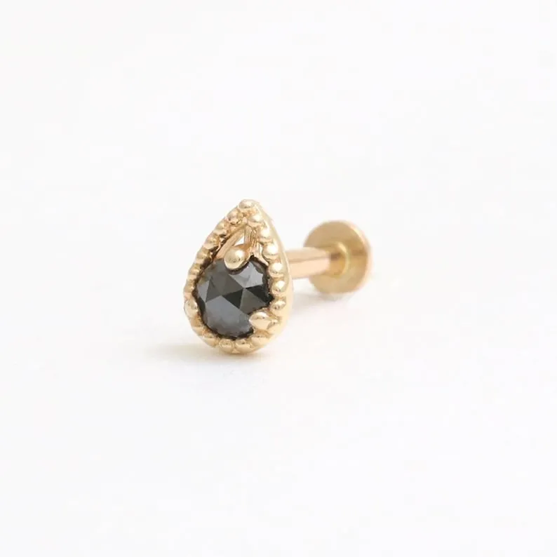 14K Gold Cartilage Helix Tragus Conch Genuine Black Diamond Teardrop Internally Threaded Flat Back Earring Labret