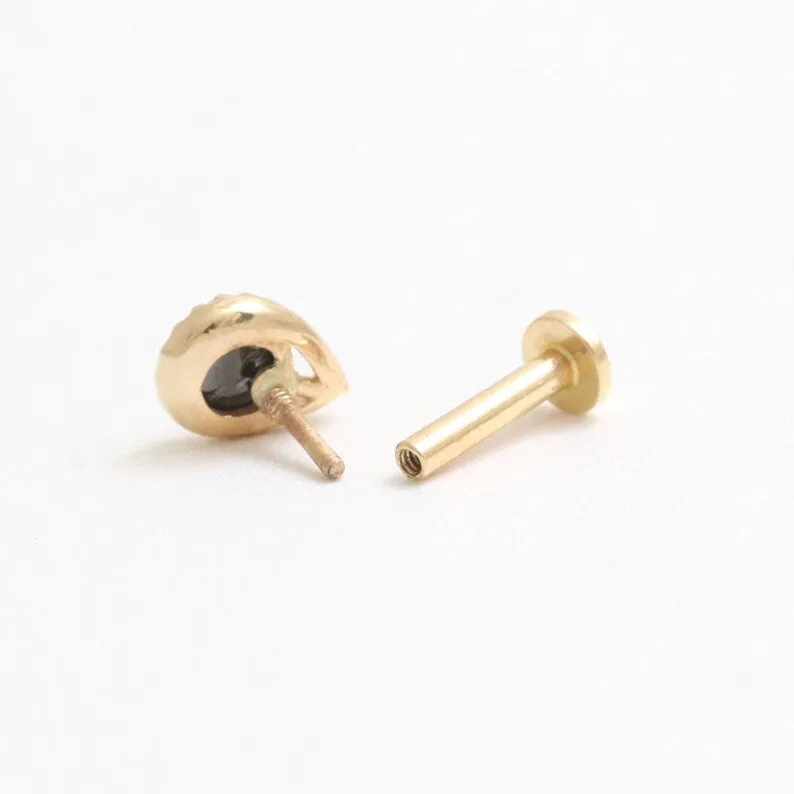 14K Gold Cartilage Helix Tragus Conch Genuine Black Diamond Teardrop Internally Threaded Flat Back Earring Labret