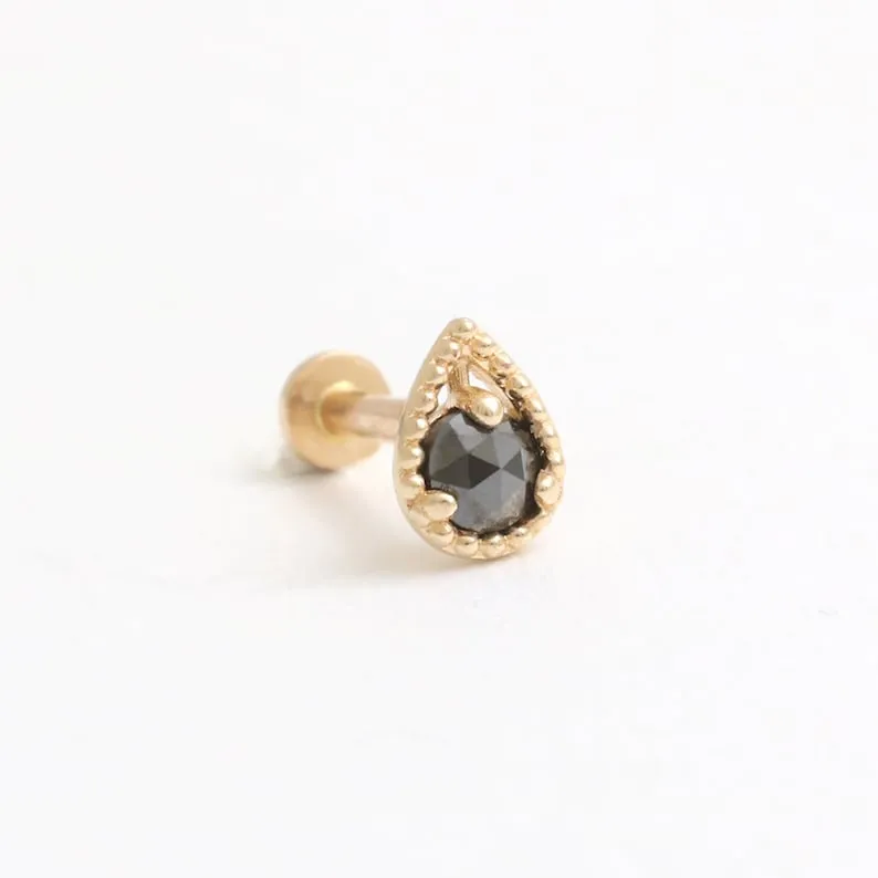 14K Gold Cartilage Helix Tragus Conch Genuine Black Diamond Teardrop Internally Threaded Flat Back Earring Labret