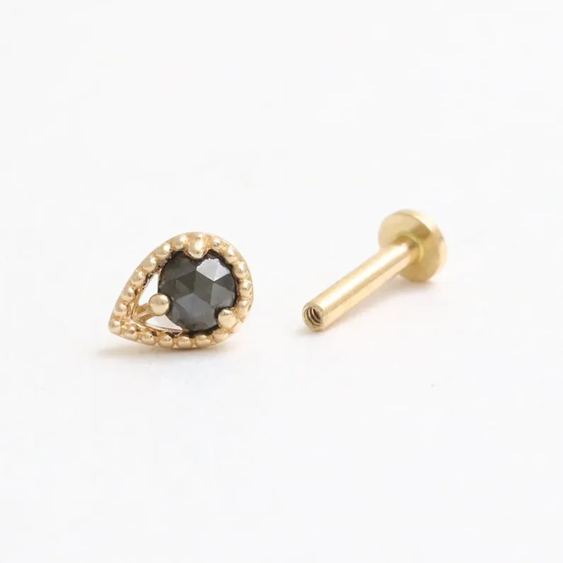 14K Gold Cartilage Helix Tragus Conch Genuine Black Diamond Teardrop Internally Threaded Flat Back Earring Labret