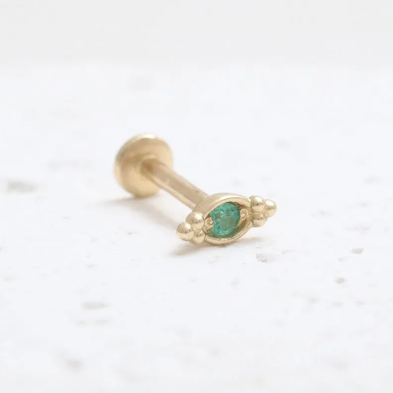 14K Gold Cartilage Helix Tragus Conch Genuine Emerald Evil Eye Internally Threaded Flat Back Earring Labret