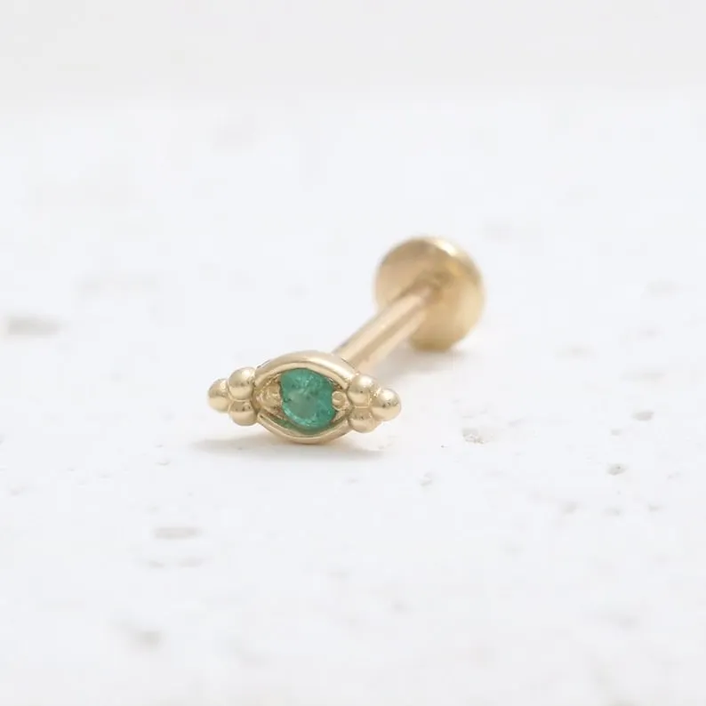 14K Gold Cartilage Helix Tragus Conch Genuine Emerald Evil Eye Internally Threaded Flat Back Earring Labret