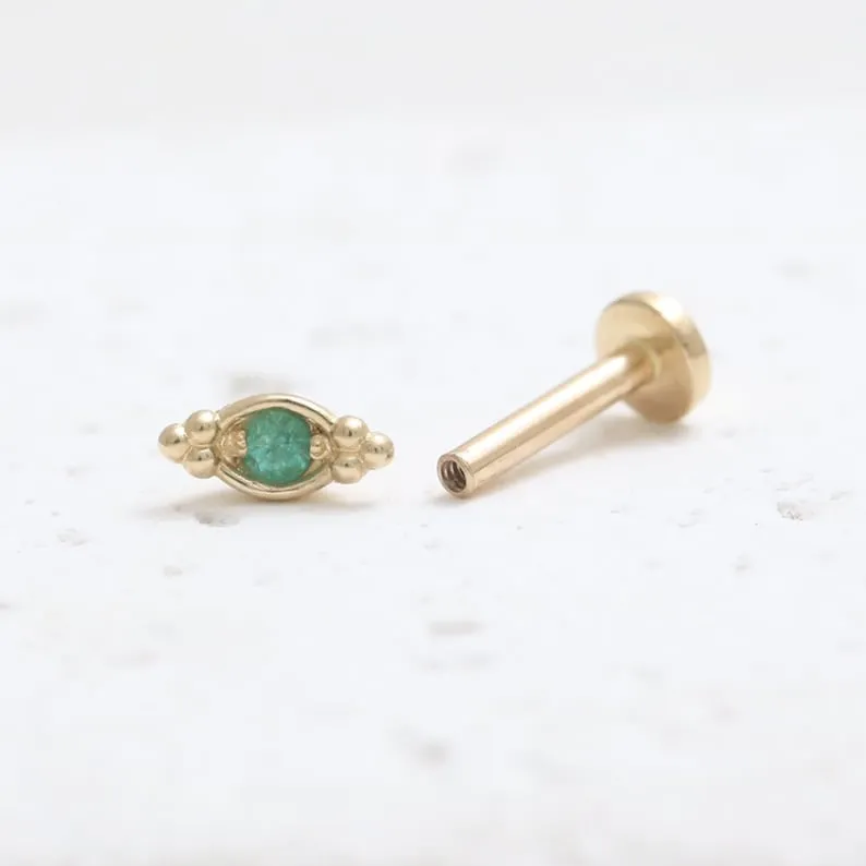 14K Gold Cartilage Helix Tragus Conch Genuine Emerald Evil Eye Internally Threaded Flat Back Earring Labret