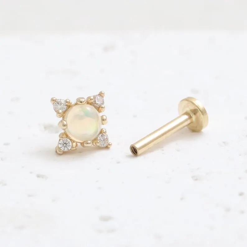 14K Gold Cartilage Helix Tragus Conch Genuine Opal & Tiny Diamond Centeral Internally Threaded Flat Back Earring Labret