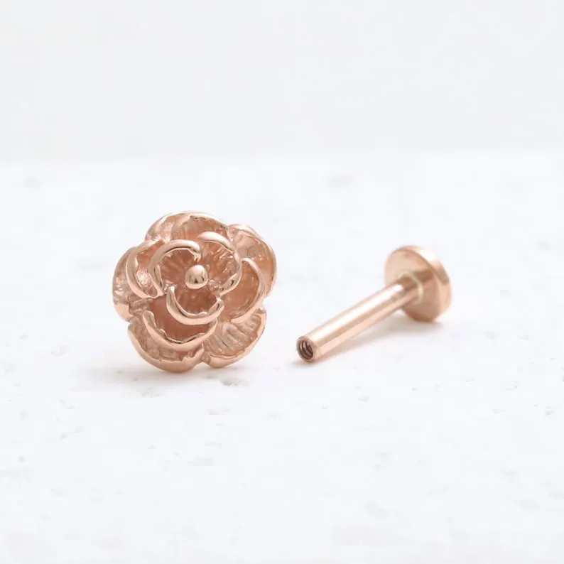 14K Solid Gold Rose Flower Cartilage Helix Tragus Conch Internally Threaded Flat Back Earring Labret