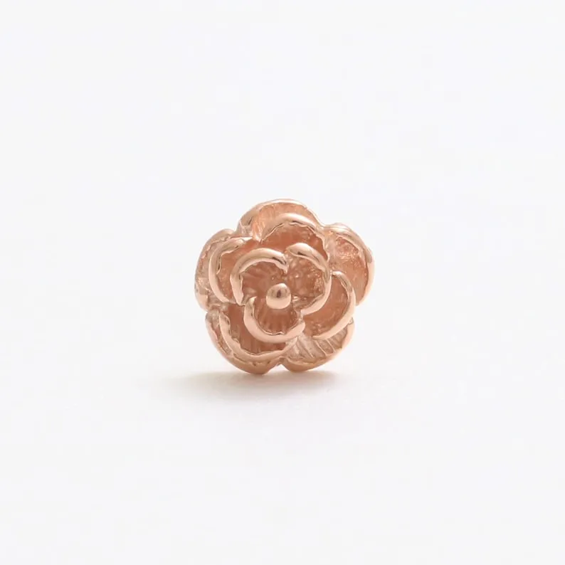 14K Solid Gold Rose Flower Cartilage Helix Tragus Conch Internally Threaded Flat Back Earring Labret