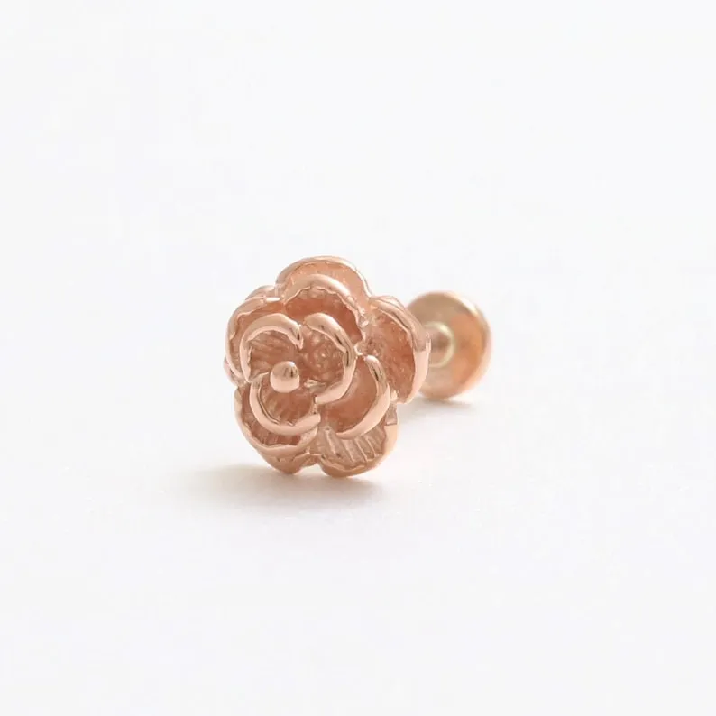 14K Solid Gold Rose Flower Cartilage Helix Tragus Conch Internally Threaded Flat Back Earring Labret