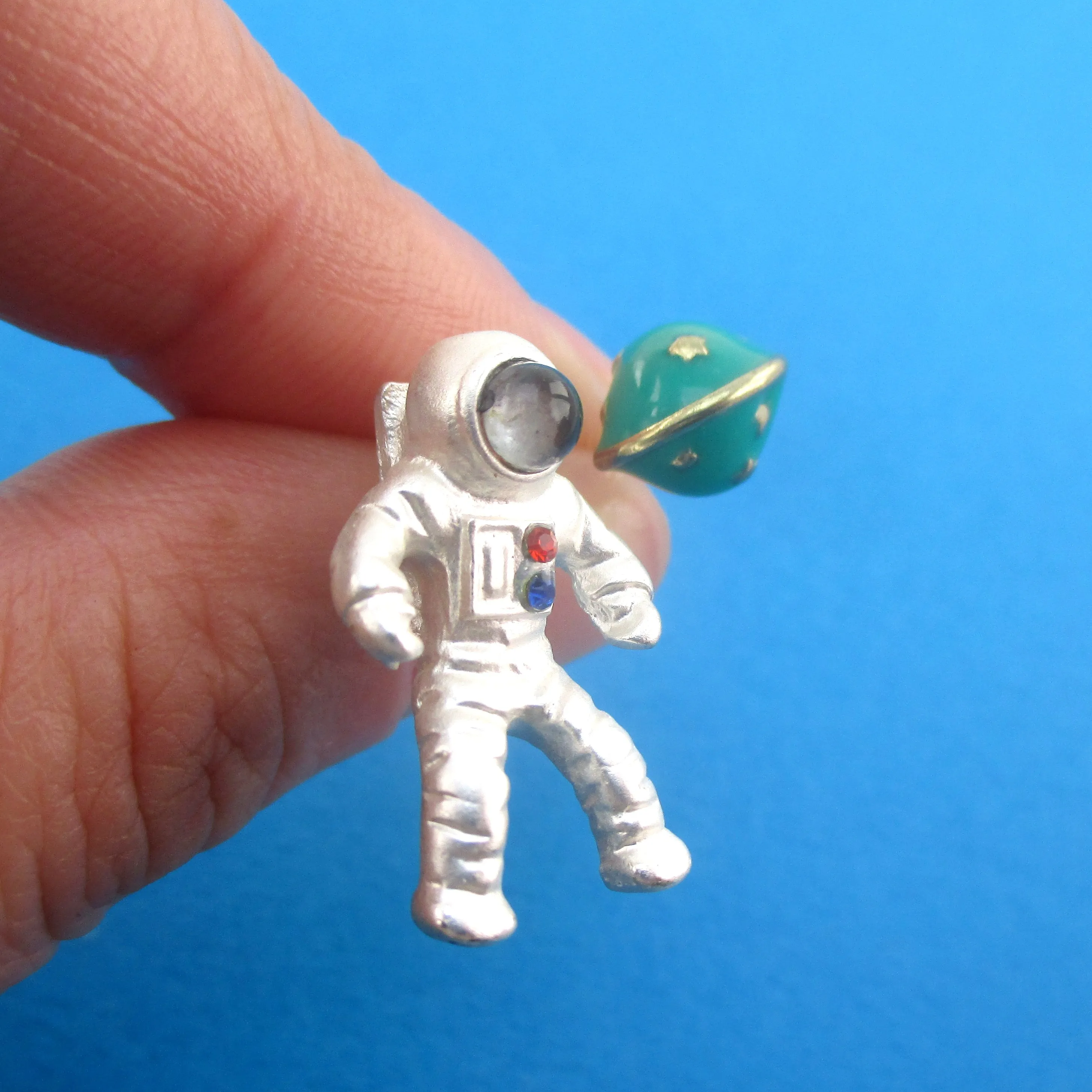 3D Astronaut Planet Saturn Shaped Space Themed Enamel Stud Earrings