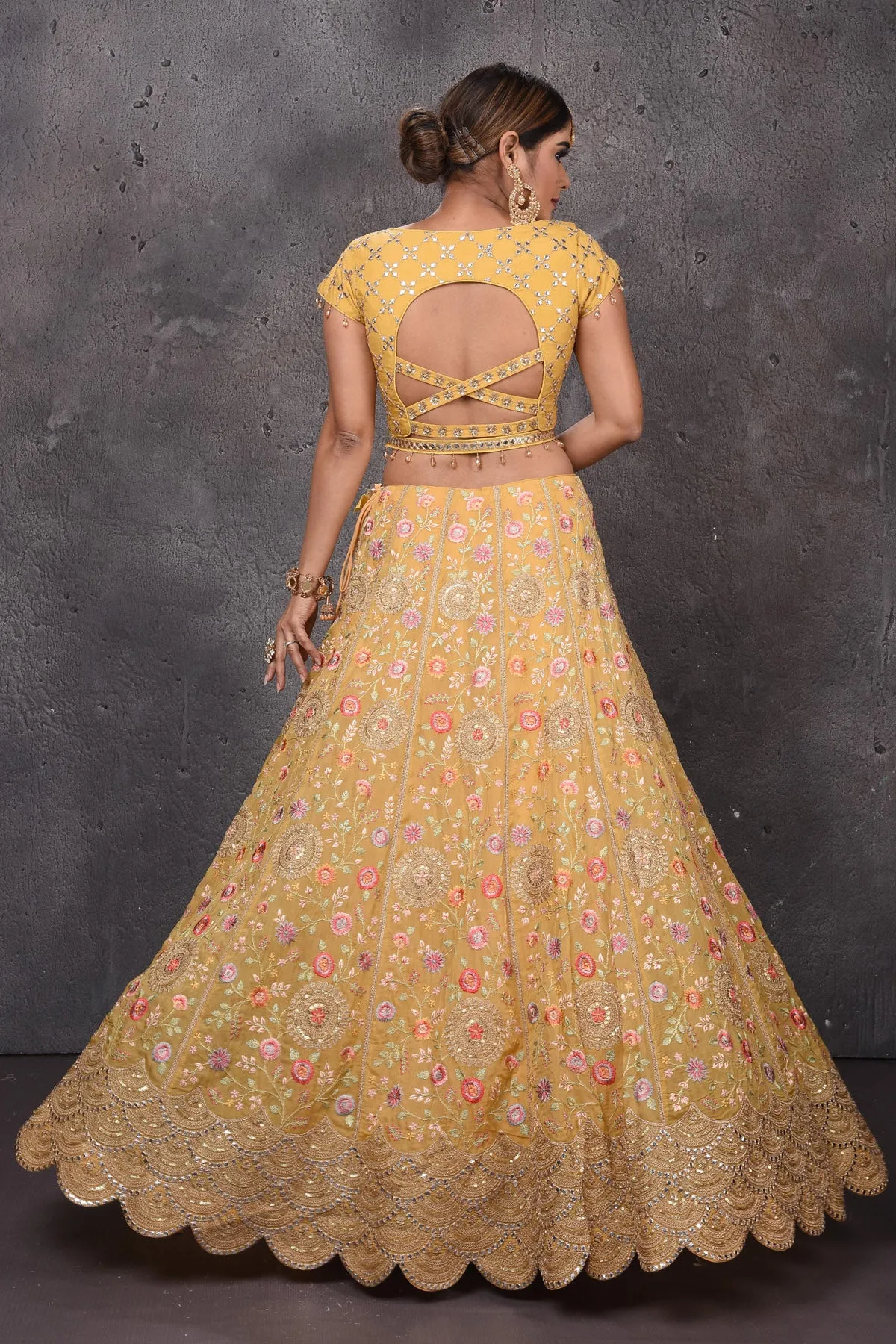 502829 Mango Yellow Embroidered Scalloped Lehenga with Dupatta