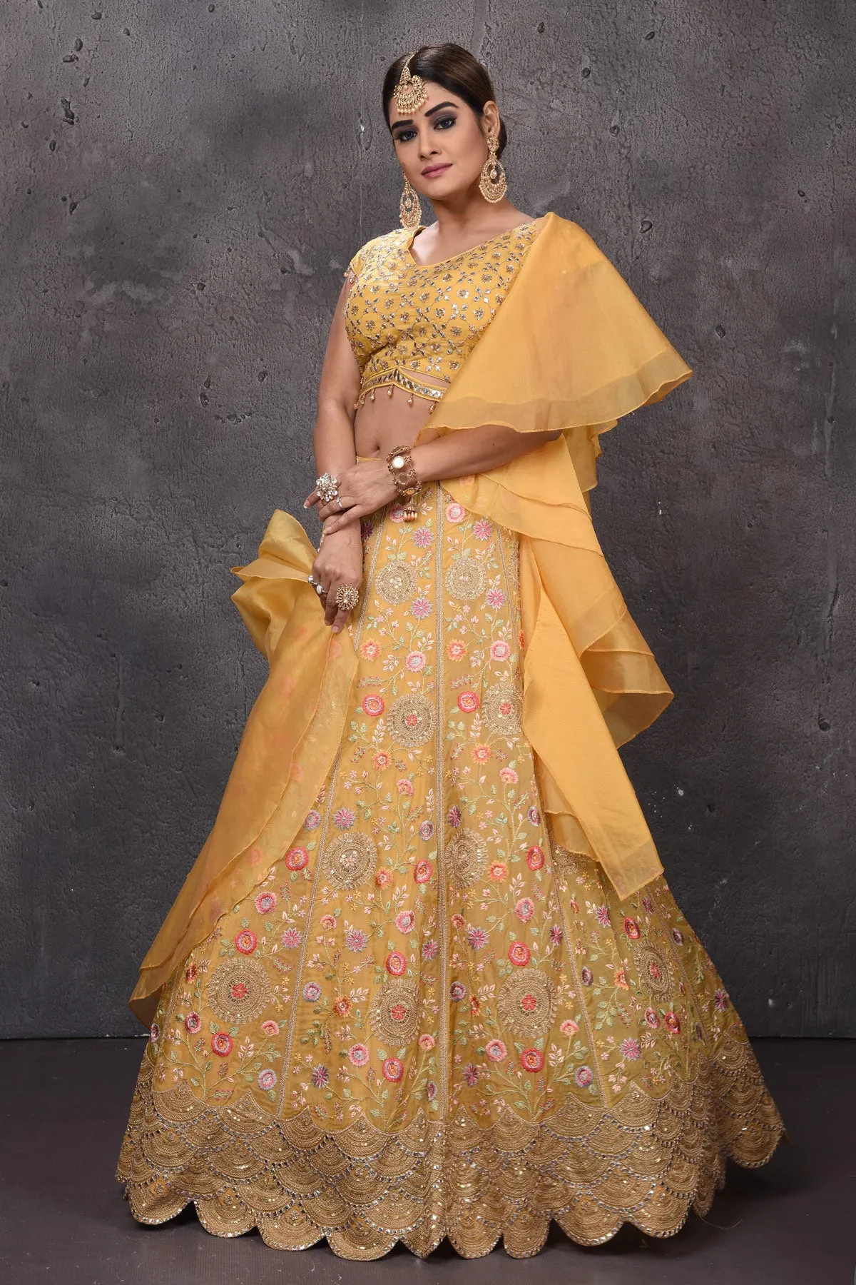 502829 Mango Yellow Embroidered Scalloped Lehenga with Dupatta