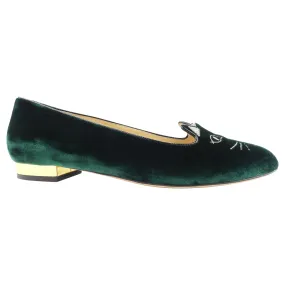 Charlotte Olympia Green Velvet Embroidered Kitty Flats - 38.5