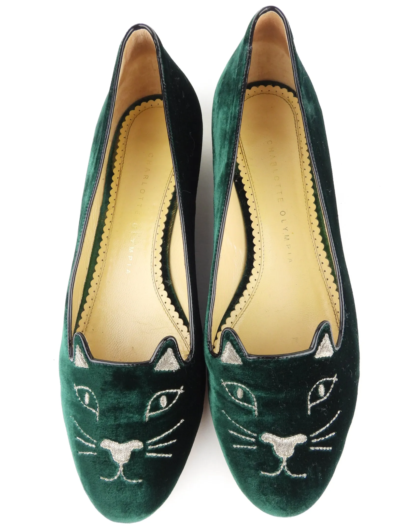 Charlotte Olympia Green Velvet Embroidered Kitty Flats - 38.5