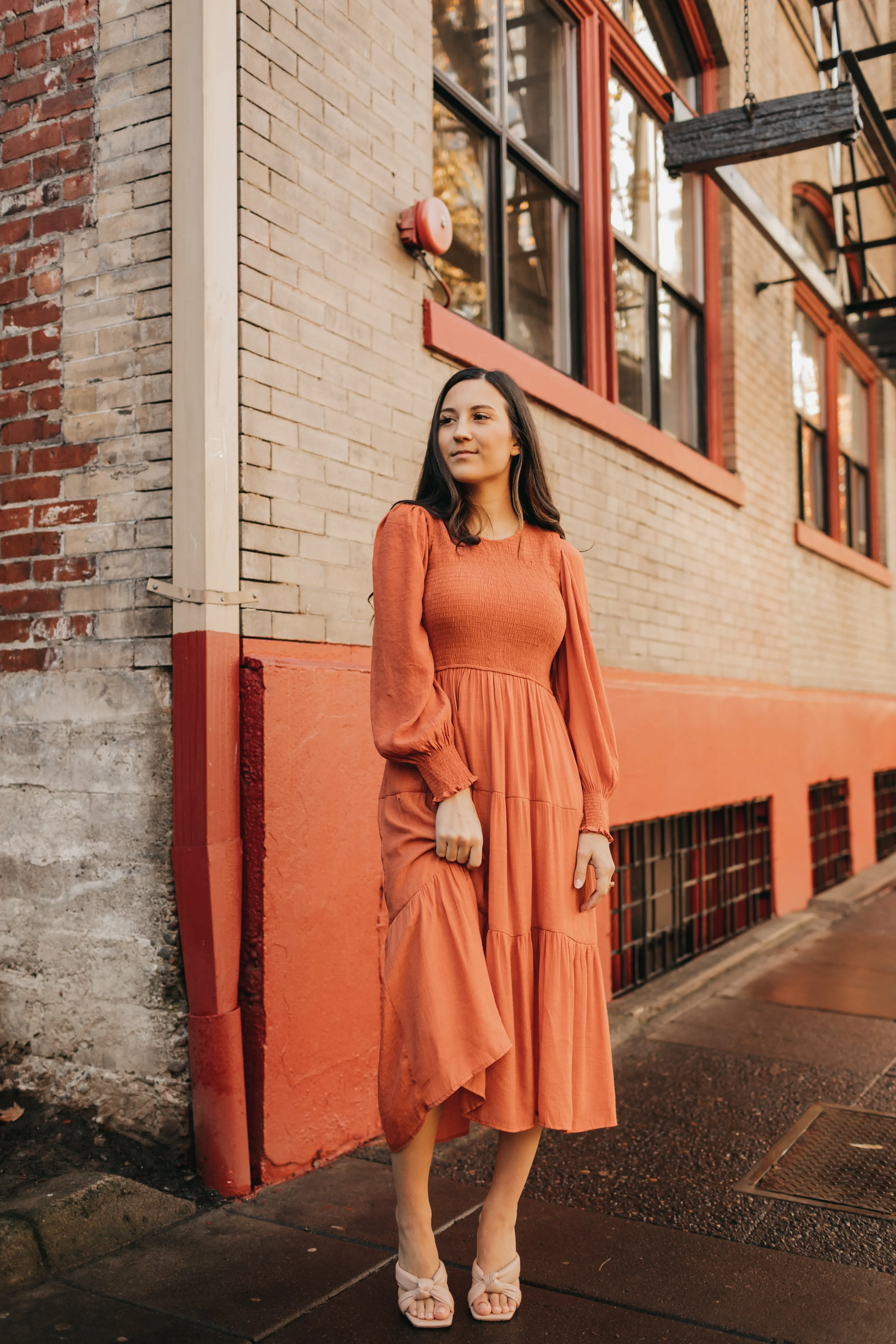 Charlotte Smocked Dress in Rust