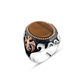 Ellipse Tiger Eye Stone Silver Men's Ring with Seljuk Eagle on Sides