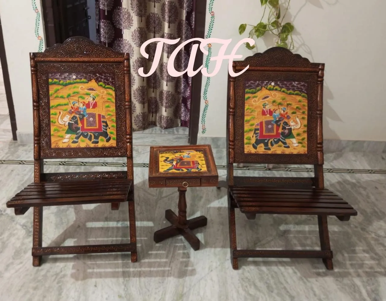 Embossed Hand Painted Mango Wood Chairs and Table set-MK001TCS