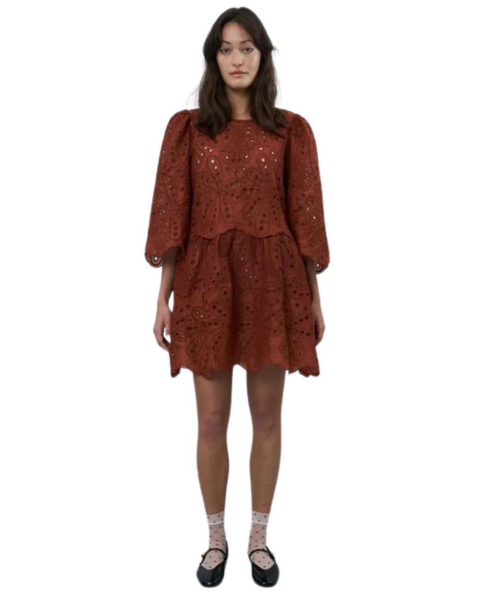 Embroidered Mini Dress Brown