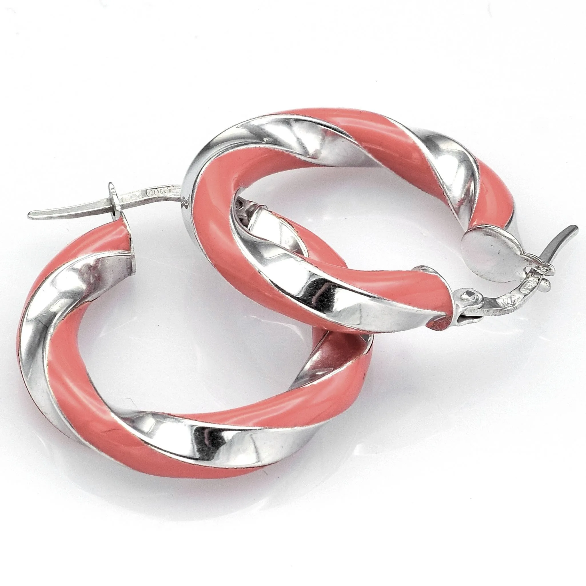 Estate 18K White Gold Pink Enamel Twist Hoop Earrings