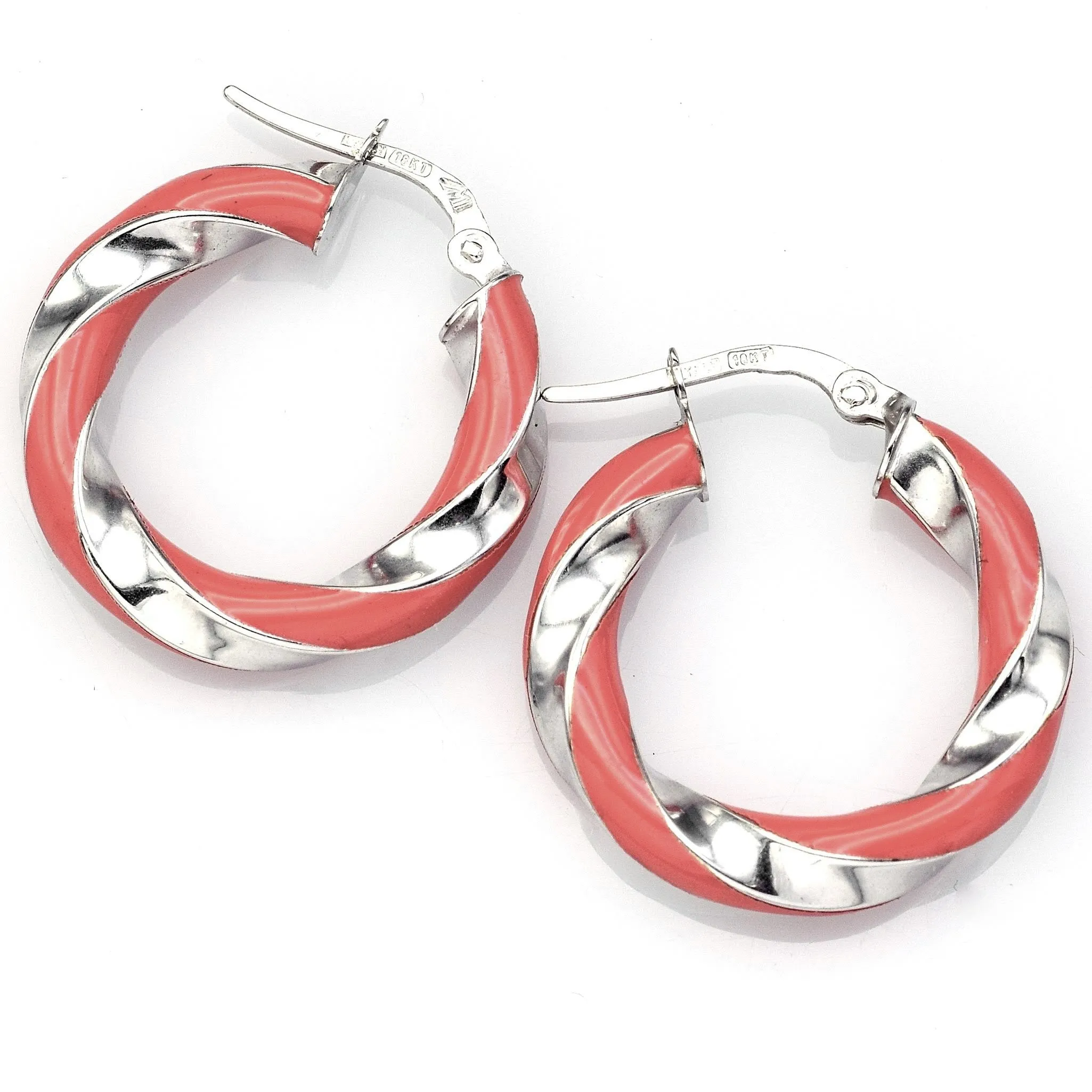 Estate 18K White Gold Pink Enamel Twist Hoop Earrings