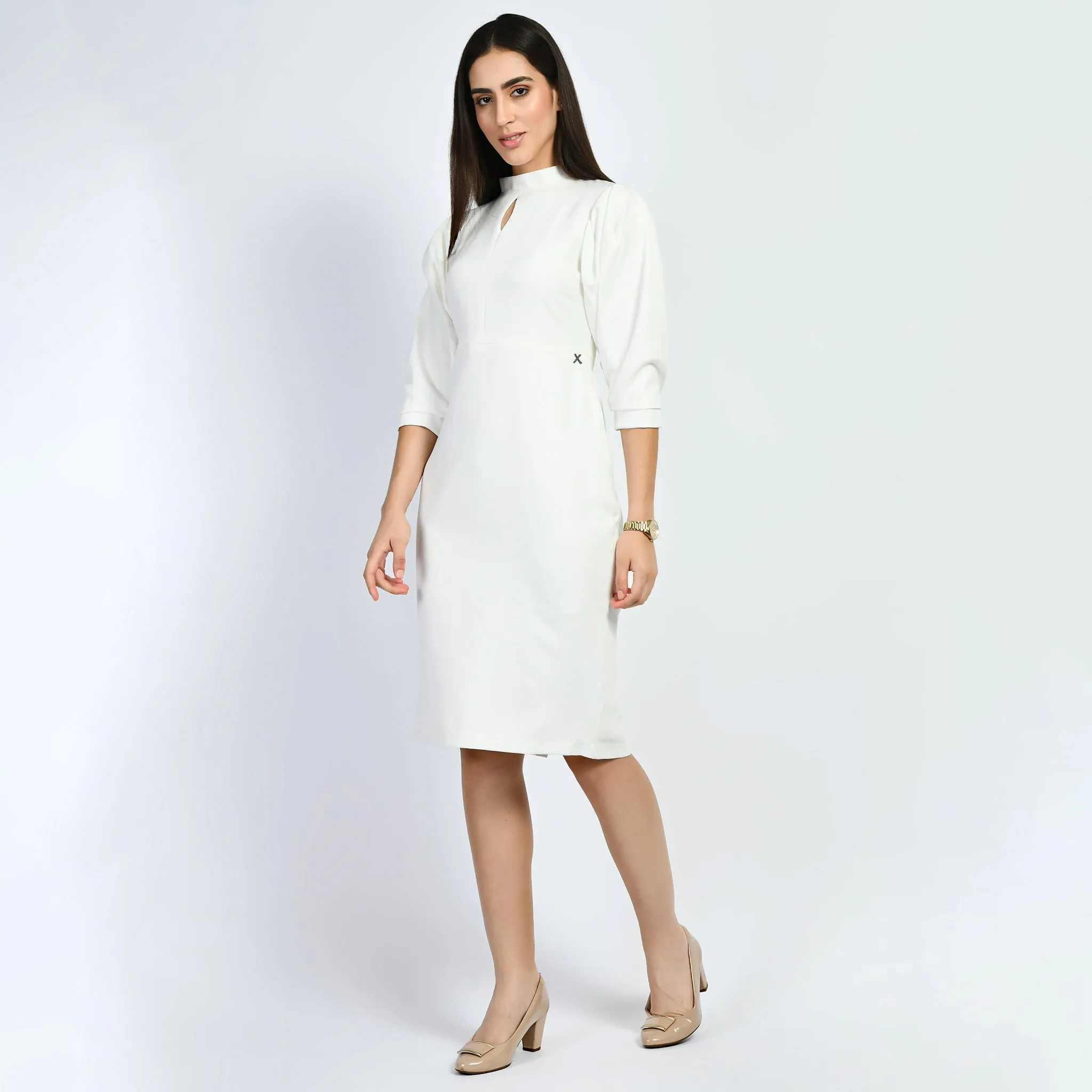 Exude Allure Puffed Sleeves Sheath Dress (White)