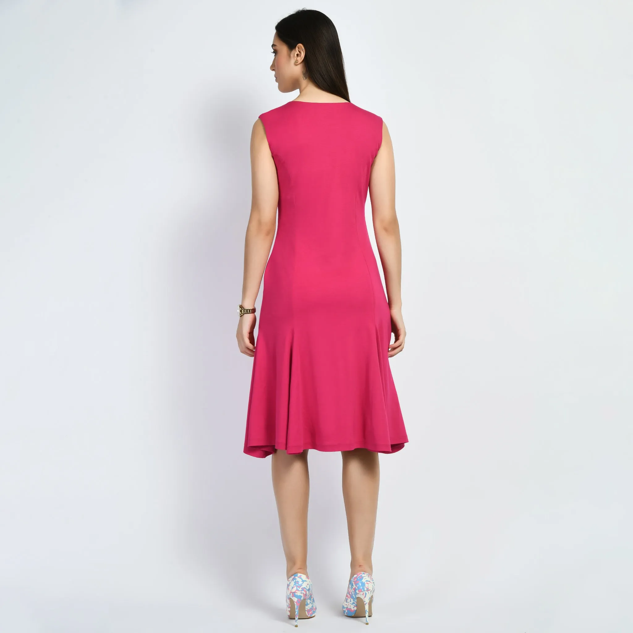 Exude Appeal Flared V-neck Dress (Hot Pink)