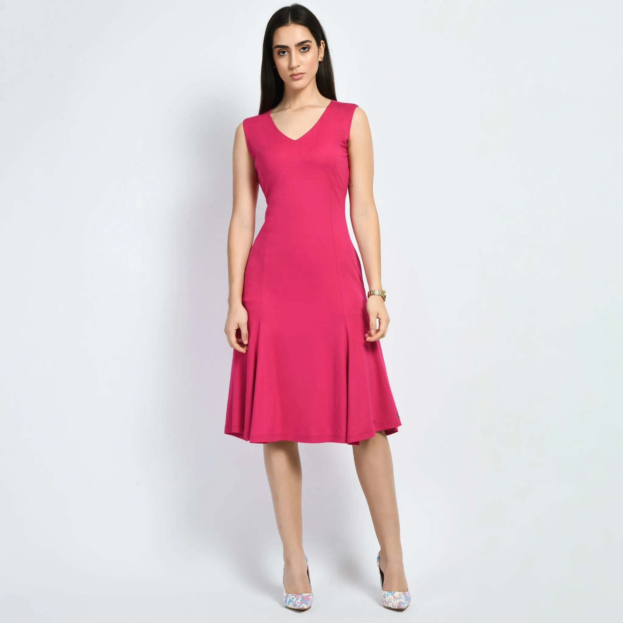 Exude Appeal Flared V-neck Dress (Hot Pink)