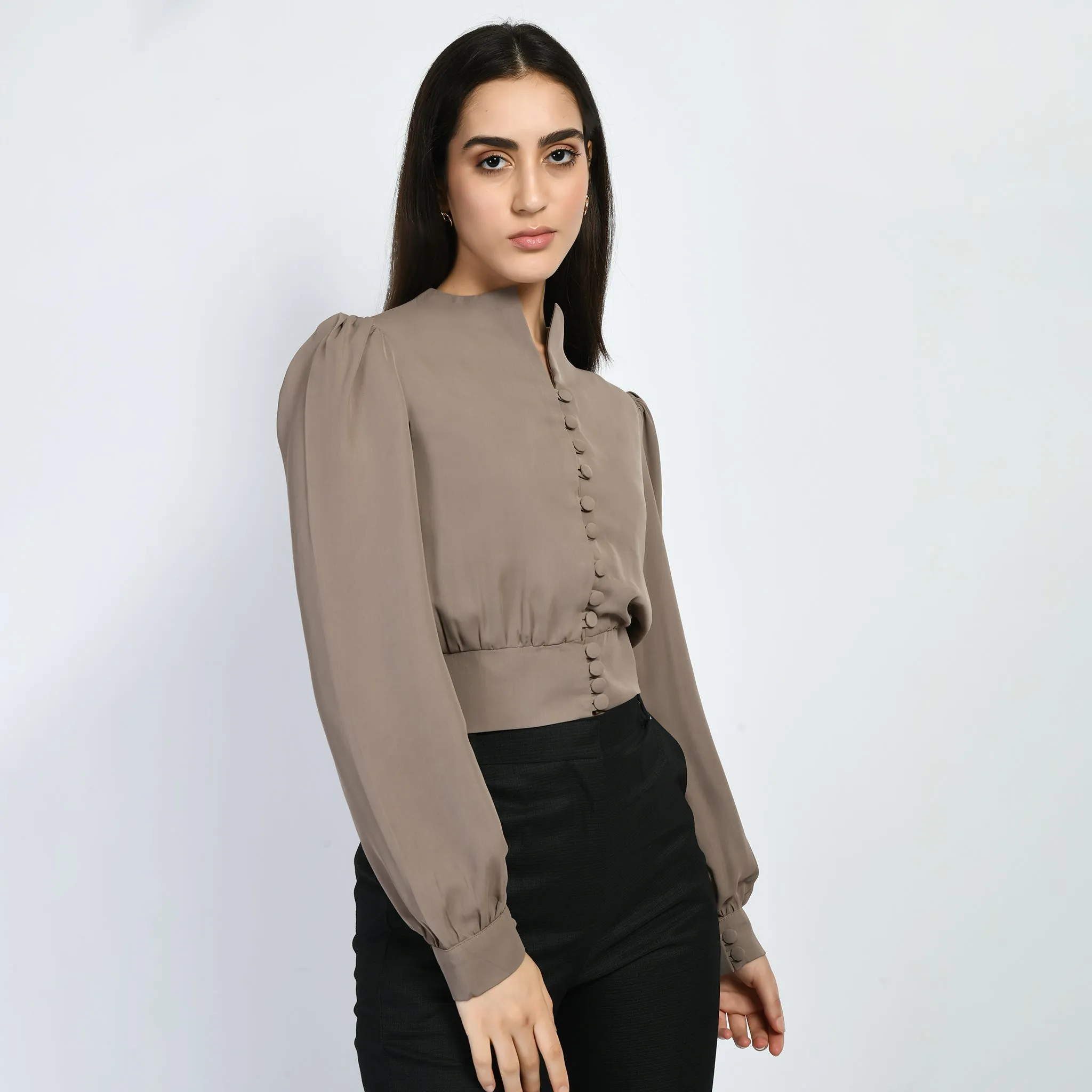 Exude Dynamism Blouson Top with Puffed Sleeves (Camel Beige)