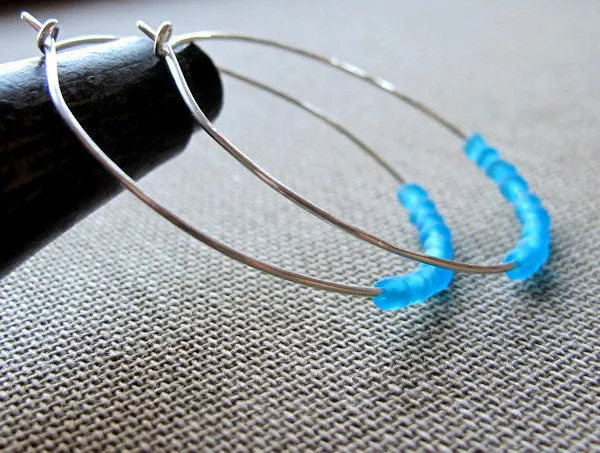 Fashion Sterling Silver Hoops with Blue Beads