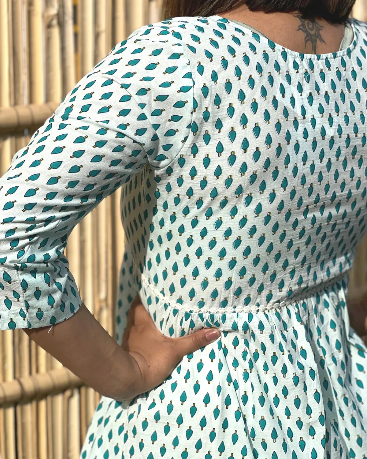 Green Leaves on White Cotton Kurta