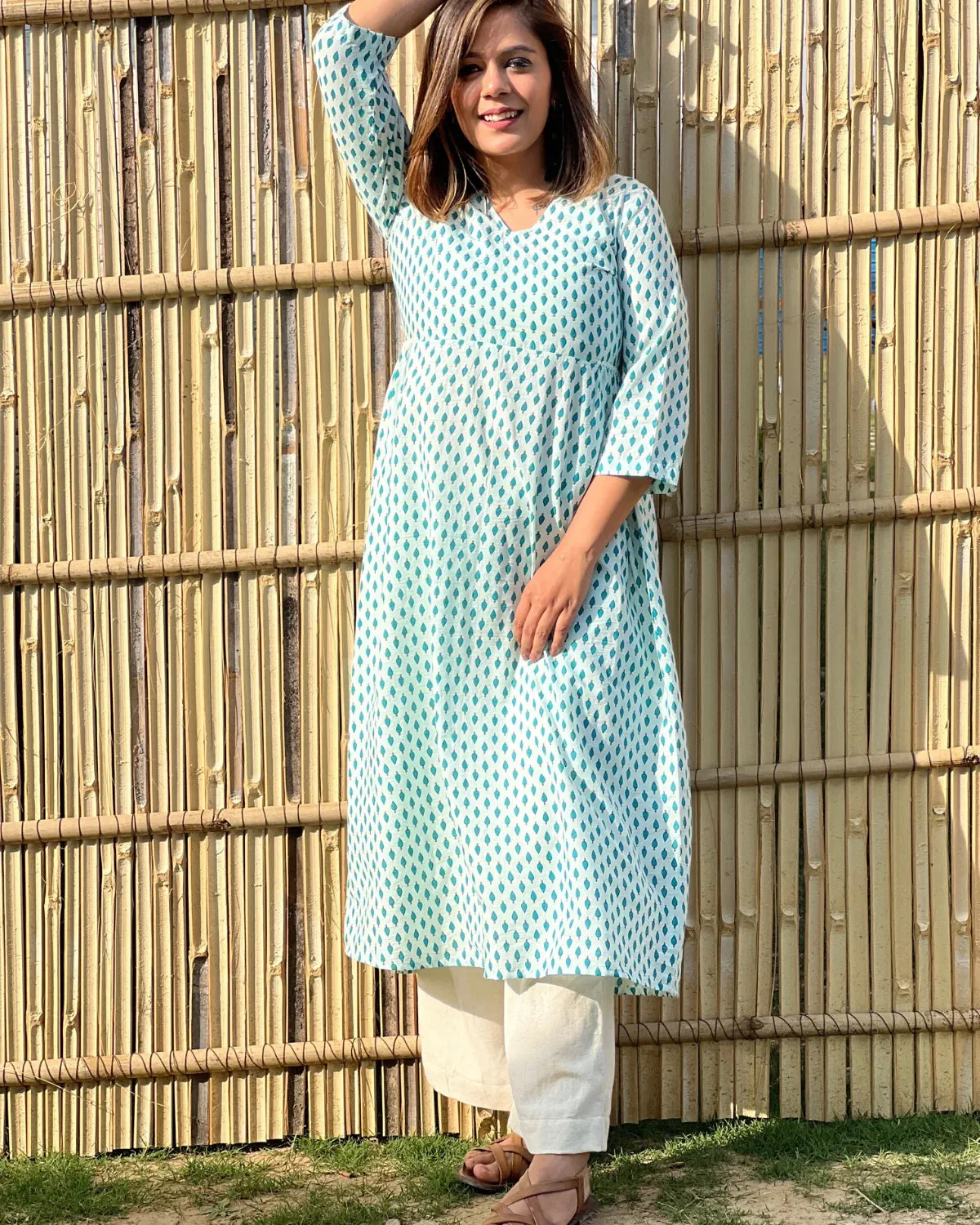 Green Leaves on White Cotton Kurta