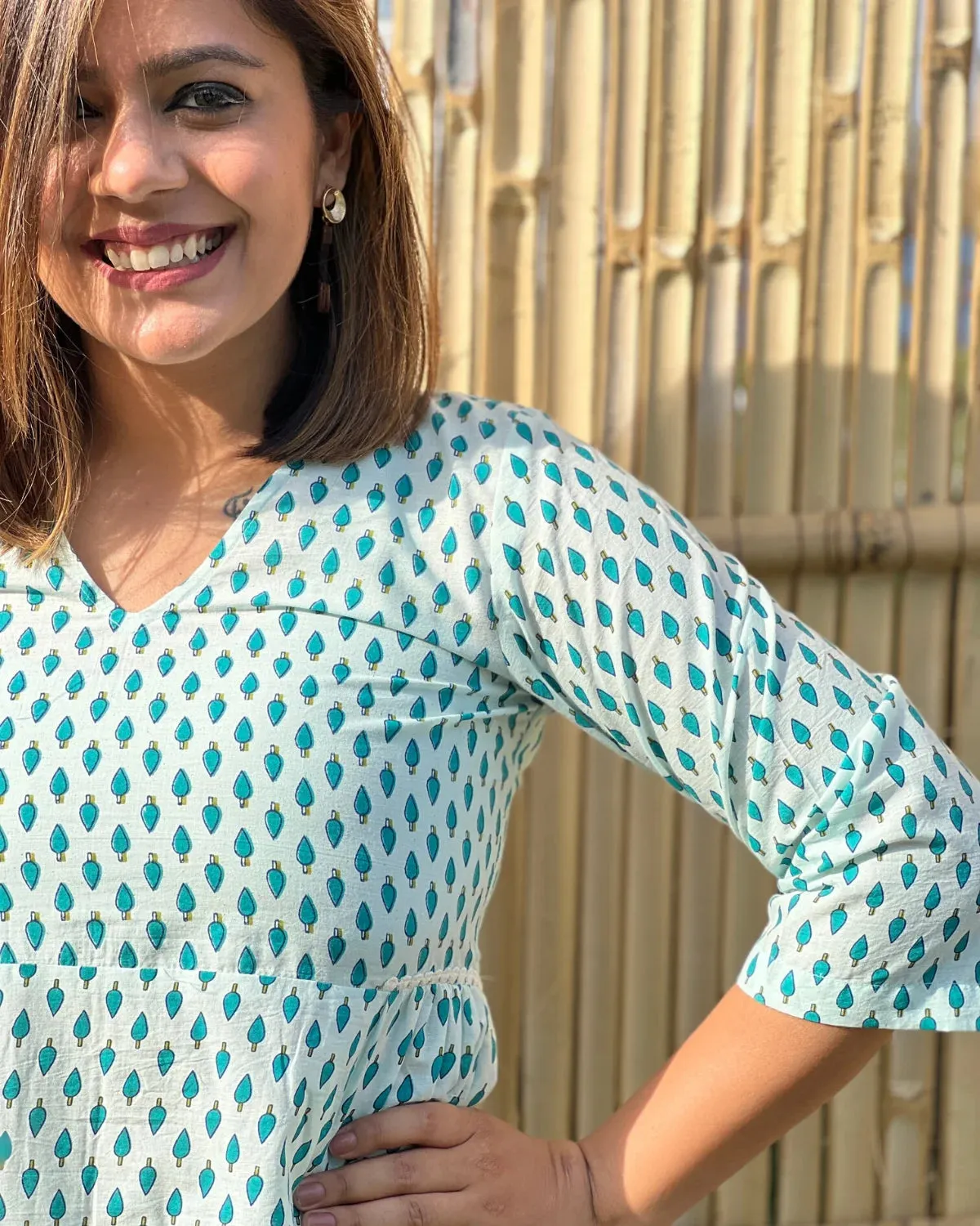 Green Leaves on White Cotton Kurta