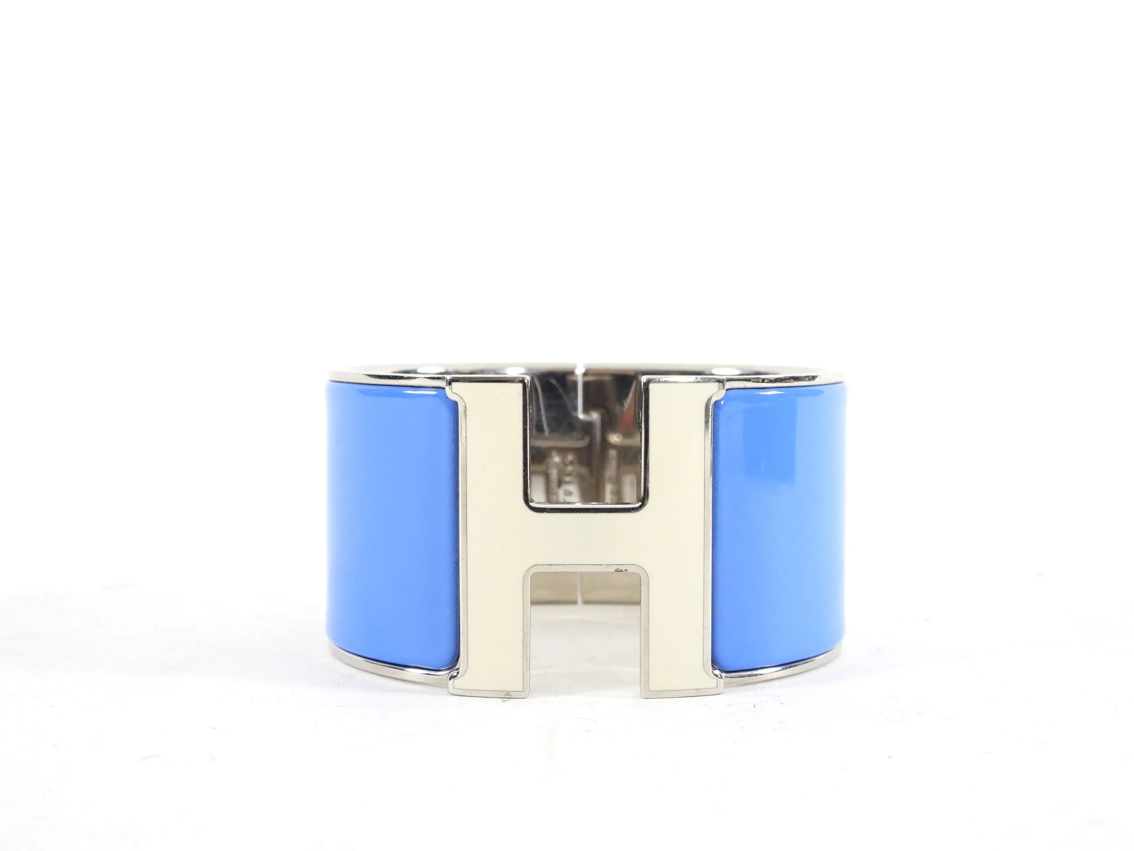 Stunning Hermes XL Cuff Bracelet in Blue and Ivory Enamel with Iconic H Design