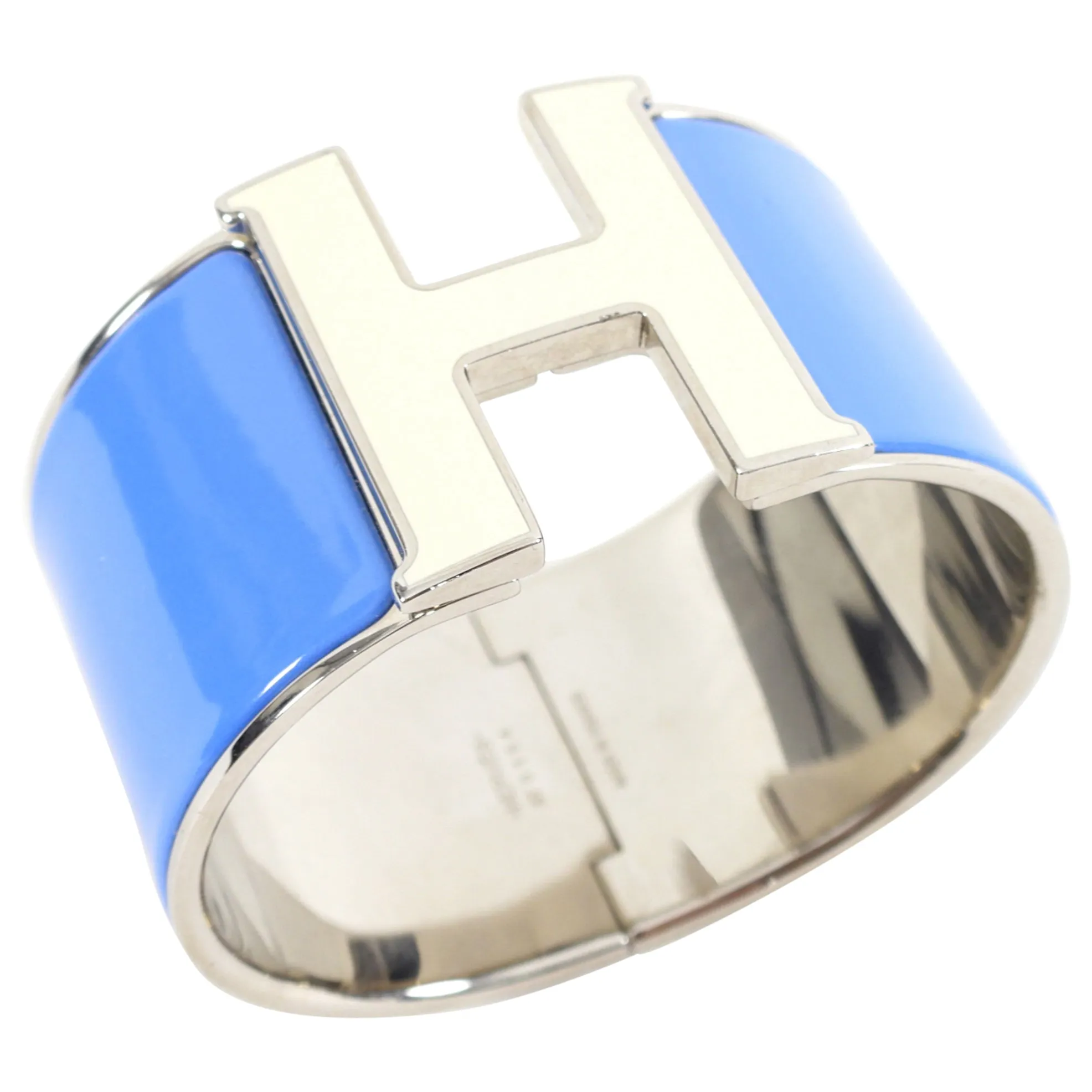 Stunning Hermes XL Cuff Bracelet in Blue and Ivory Enamel with Iconic H Design