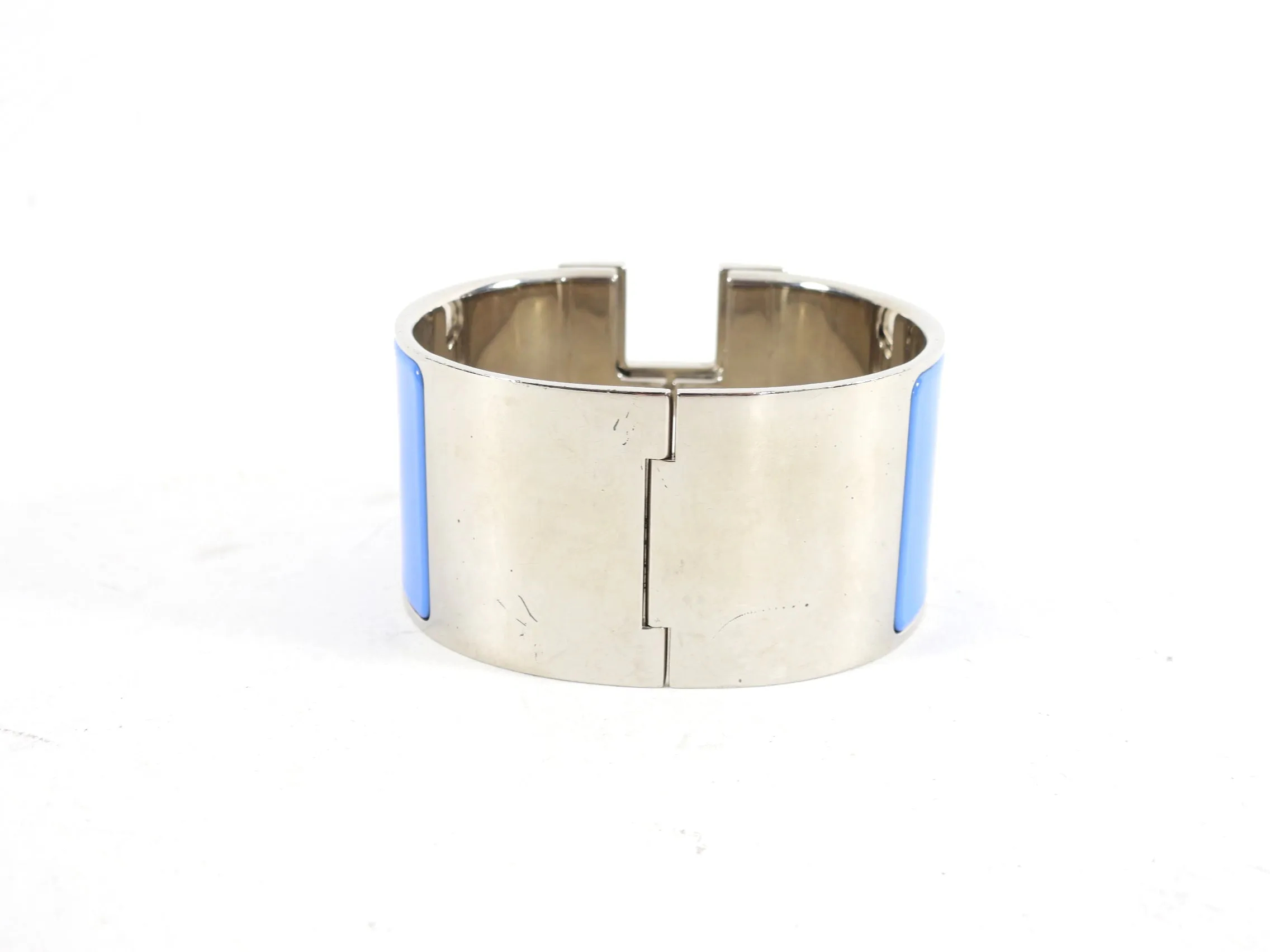 Stunning Hermes XL Cuff Bracelet in Blue and Ivory Enamel with Iconic H Design