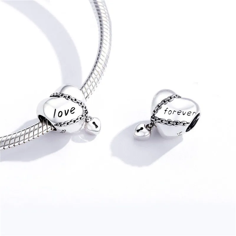 Love Forever Padlock Dangle Heart Charm 925 Sterling Silver