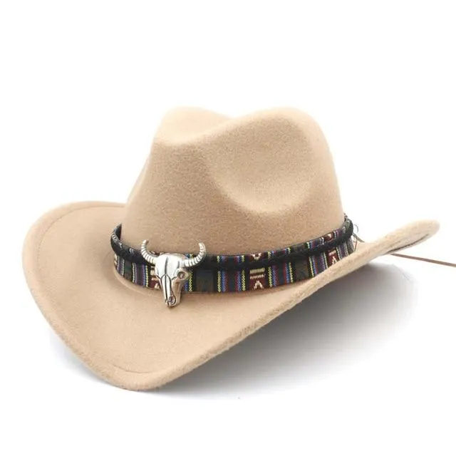 Metal Bull Skull Cowboy Hat with Colorful Patterned Band