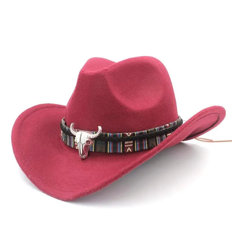 Metal Bull Skull Cowboy Hat with Colorful Patterned Band