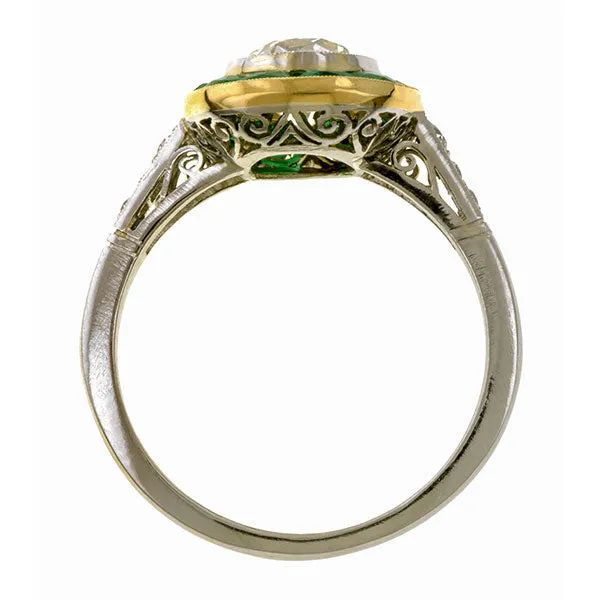 Old European Cut Diamond & Emerald Engagement Ring, 1.41ct.