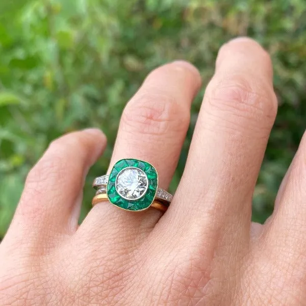 Old European Cut Diamond & Emerald Engagement Ring, 1.41ct.