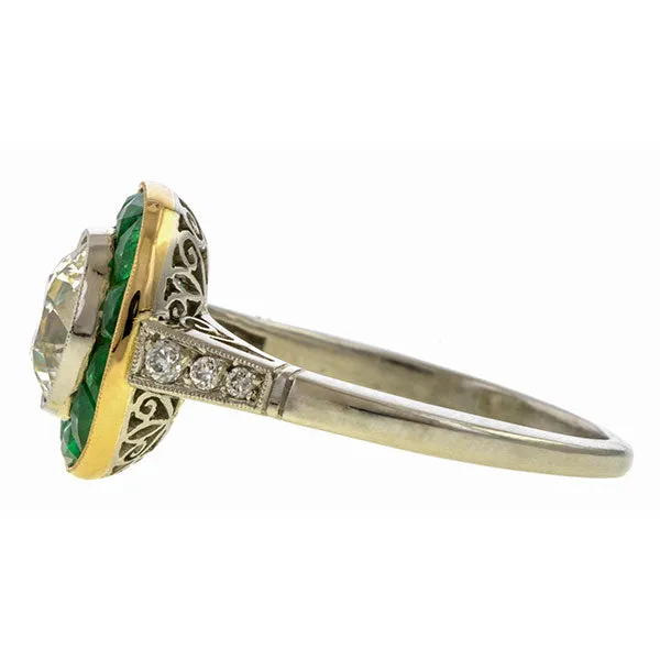 Old European Cut Diamond & Emerald Engagement Ring, 1.41ct.