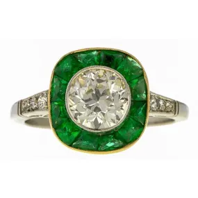 Old European Cut Diamond & Emerald Engagement Ring, 1.41ct.