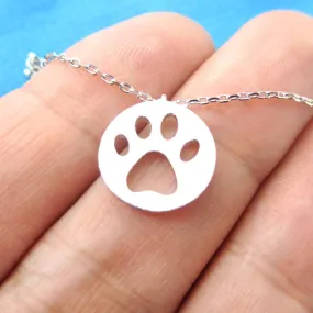 Round Puppy Paw Print Cut Out Shaped Pendant Necklace in Silver | Animal Jewelry