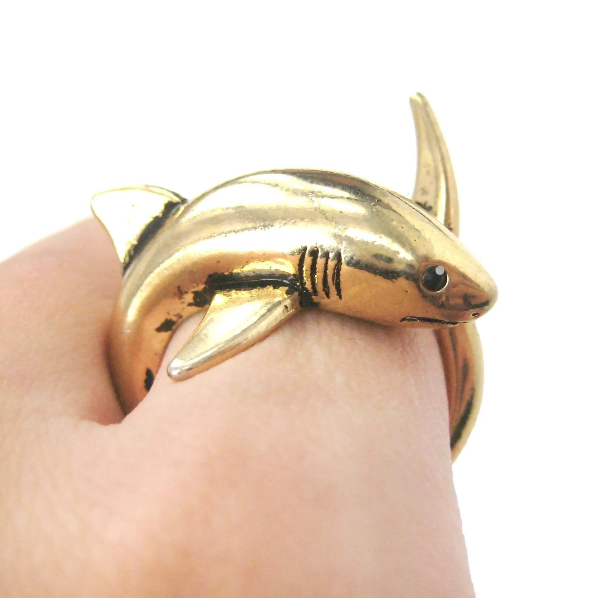 Shark Sea Animal Wrap Around Ring in Shiny Gold | Size 5 to 10 | Shark Week