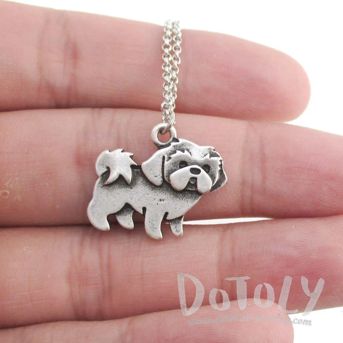 Shih Tzu Puppy Dog Shaped Charm Necklace in Silver