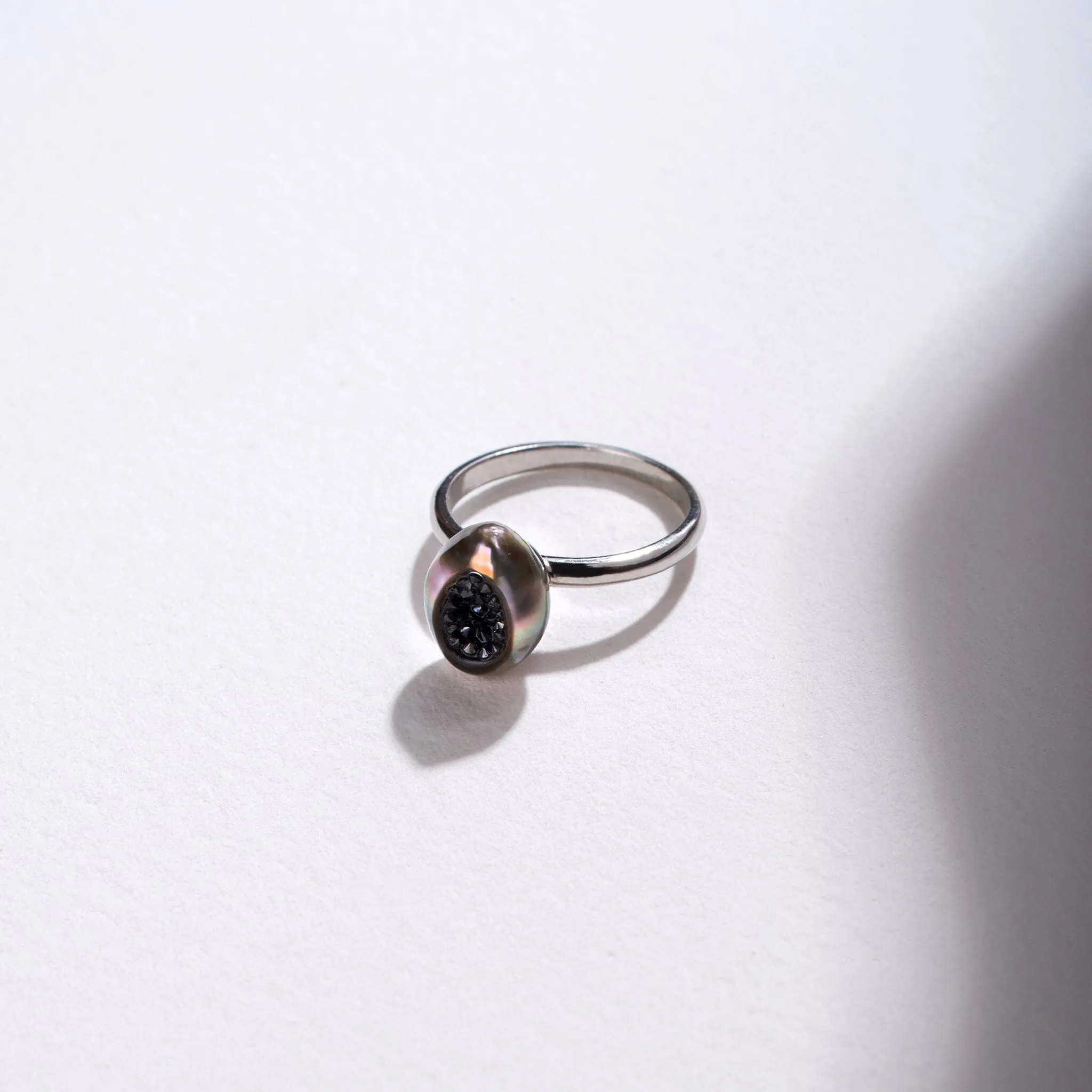 Exquisite Tahitian Keshi Pearl Ring with Stunning Black Diamond Accent