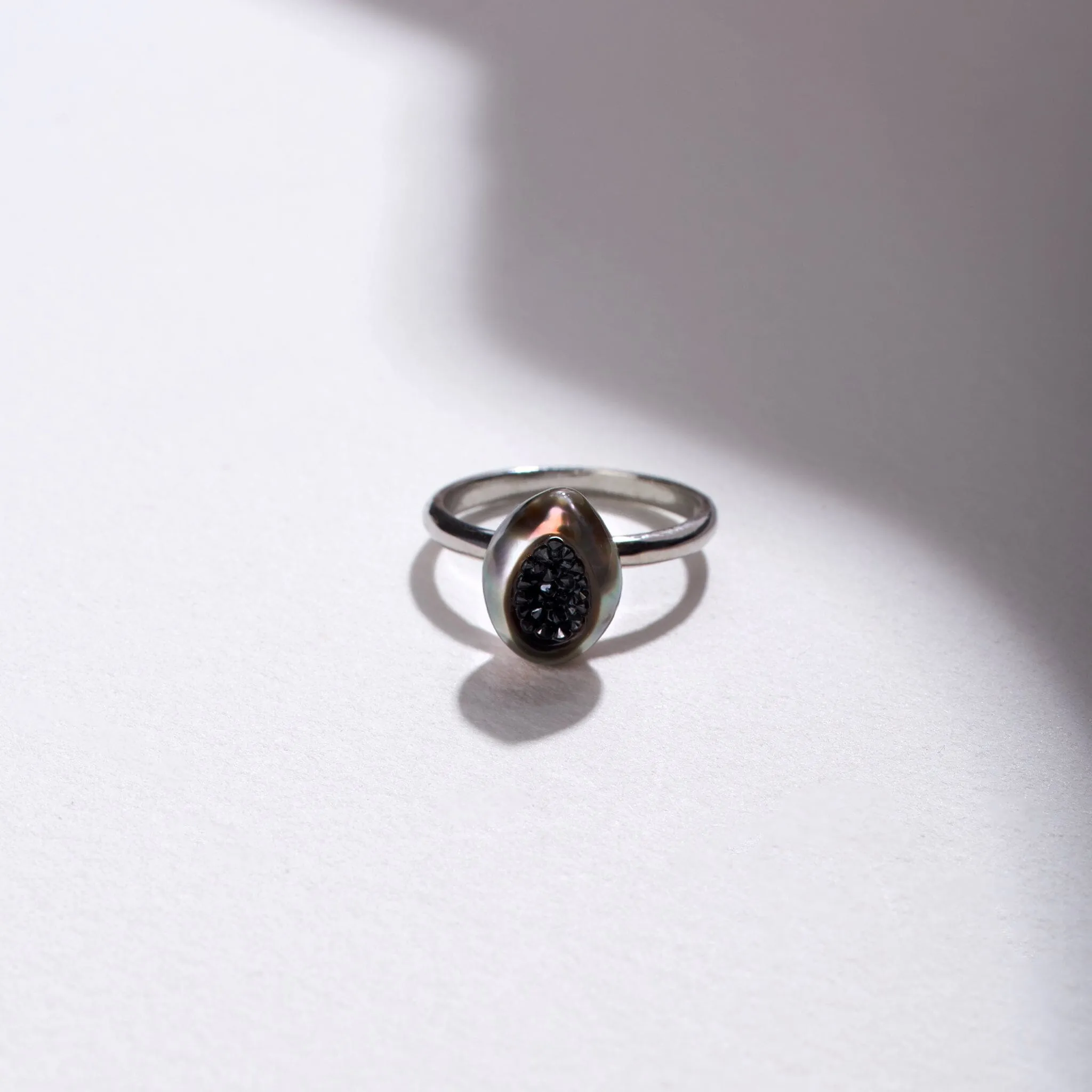 Exquisite Tahitian Keshi Pearl Ring with Stunning Black Diamond Accent