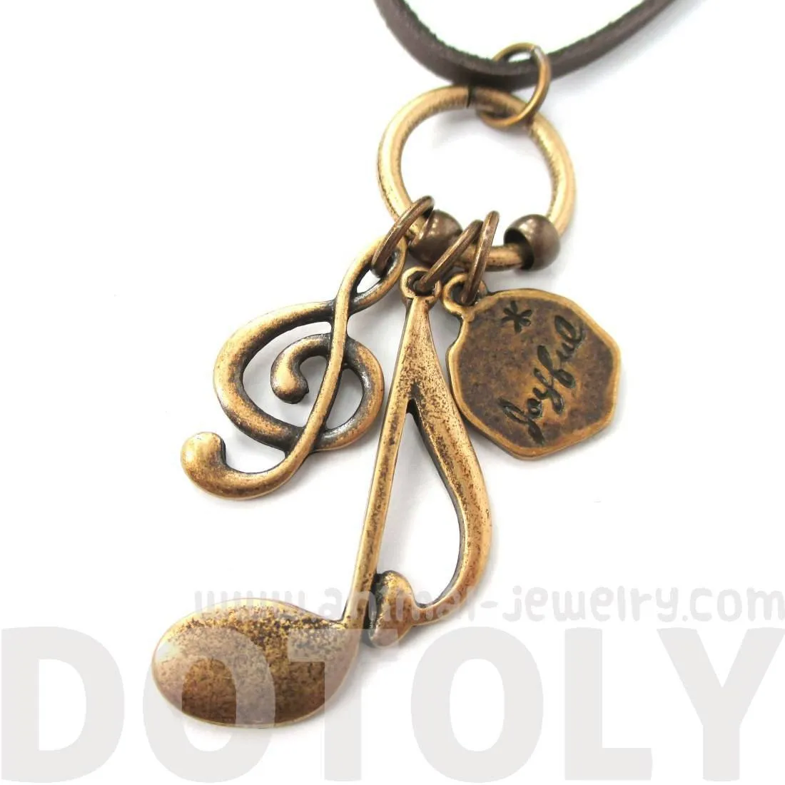 Treble Clef Musical Quaver Note and Dove Shaped Charm Necklace in Brass