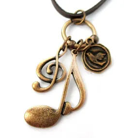 Treble Clef Musical Quaver Note and Dove Shaped Charm Necklace in Brass