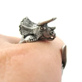 Triceratops Dinosaur Prehistoric Animal Wrap Around Hug Ring in Silver | US Size 4 to 8.5