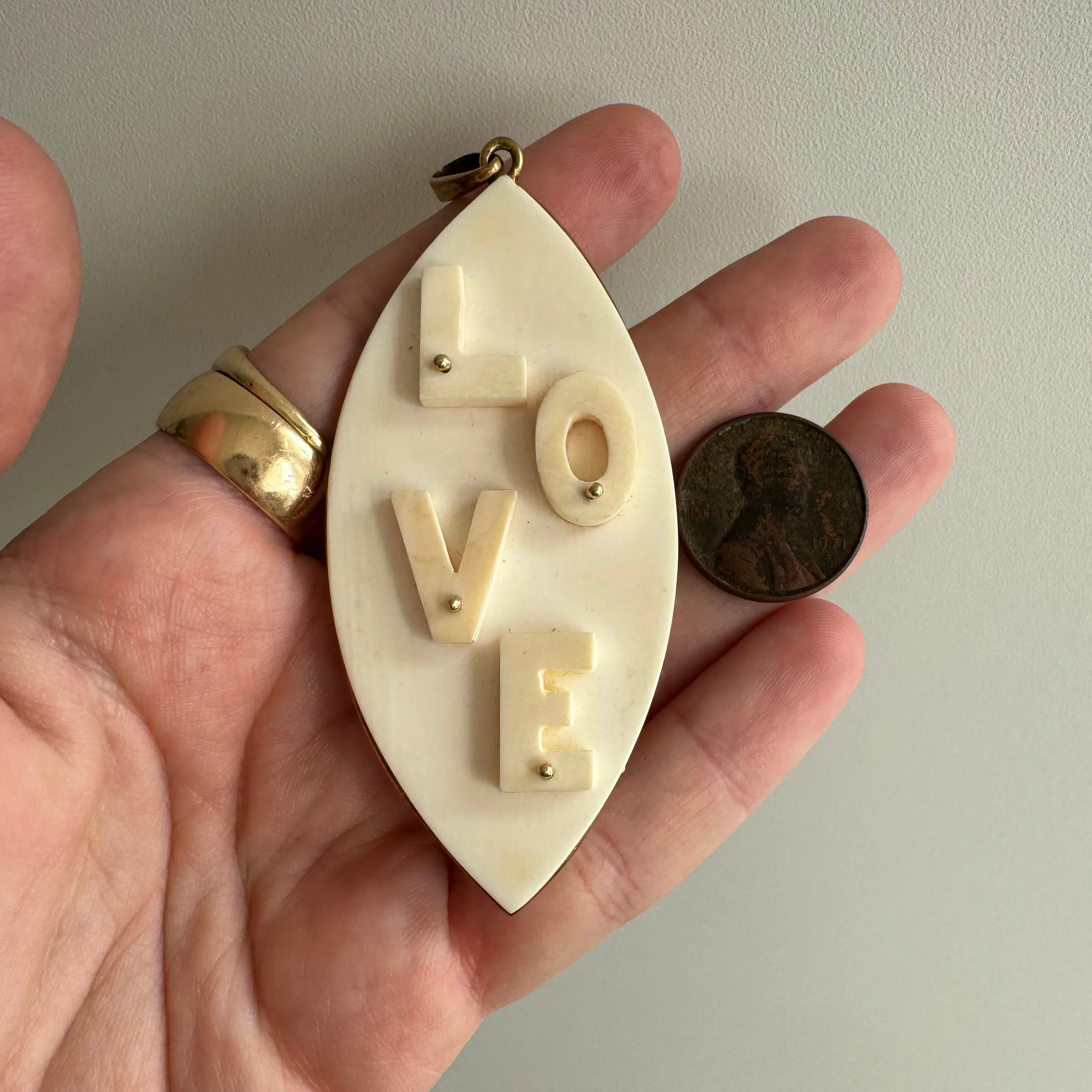 V I N T A G E // oversized LOVE / 1970s 14k and bone humongous LOVE / a giant pendant