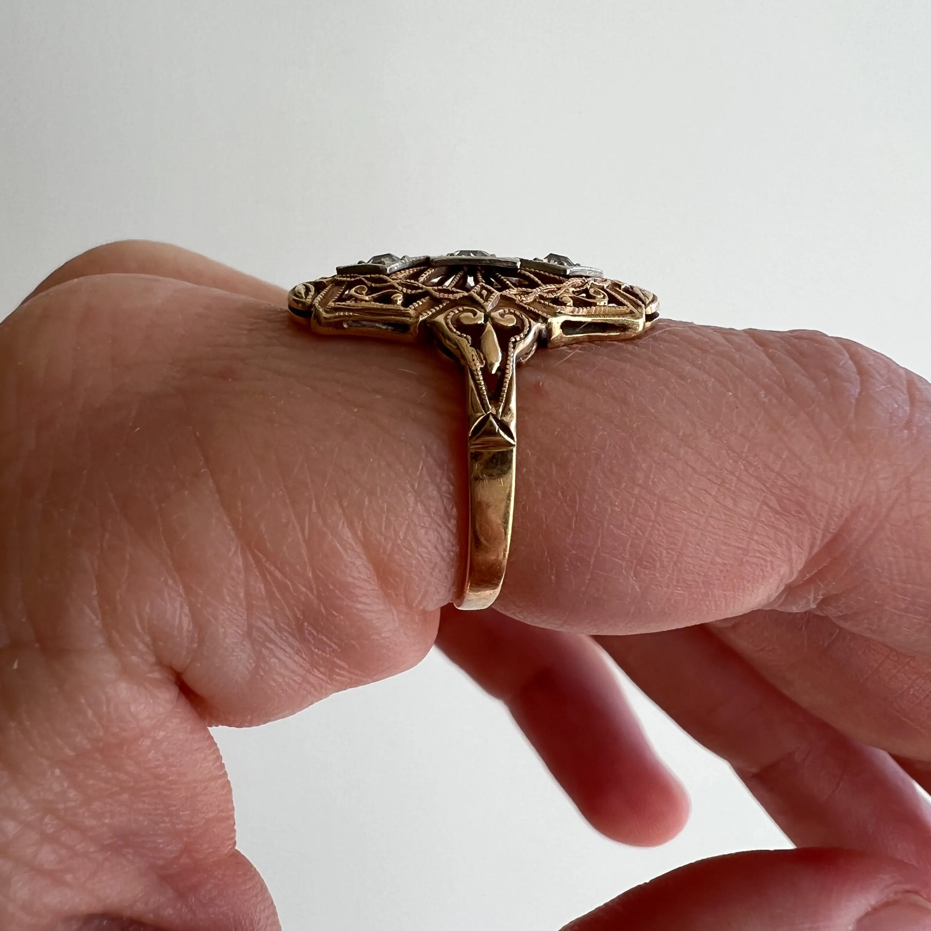 V I N T A G E // sparkle armor / 14k and diamond filigree shield ring / size 5.5